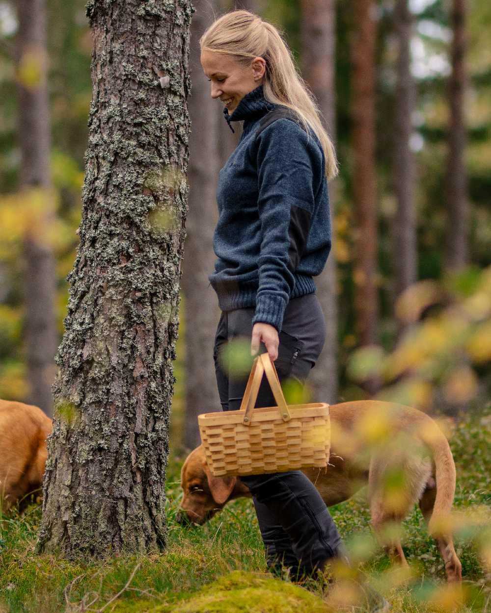 Dark Navy Mel Coloured Pinewood Womens Hurricane Knitted Sweater on outdoor background #colour_dark-navy-mel