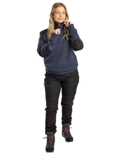 Dark Navy Mel Coloured Pinewood Womens Hurricane Knitted Sweater on white background #colour_dark-navy-mel
