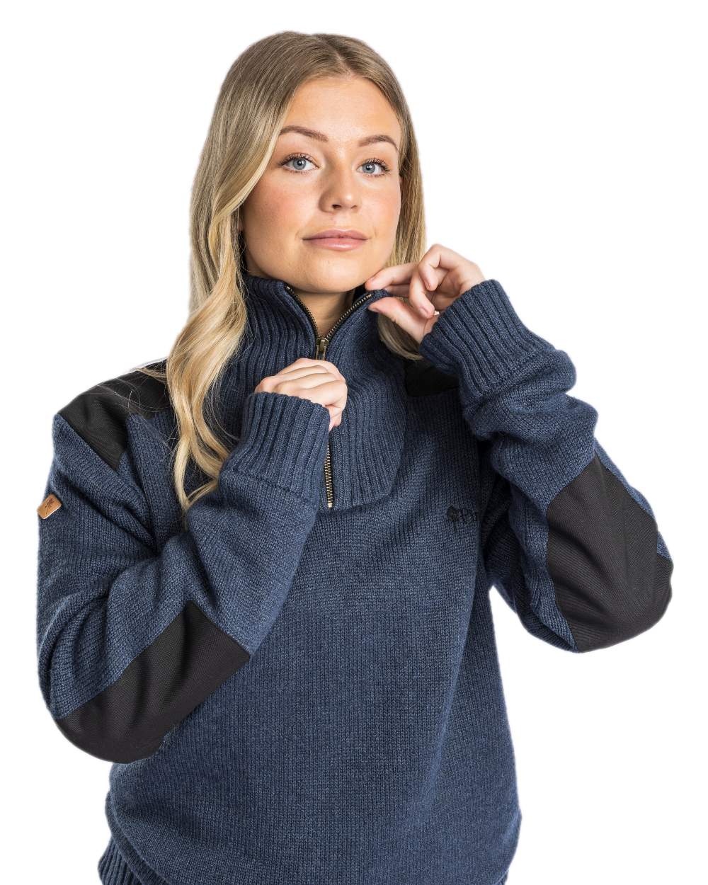 Dark Navy Mel Coloured Pinewood Womens Hurricane Knitted Sweater on white background #colour_dark-navy-mel