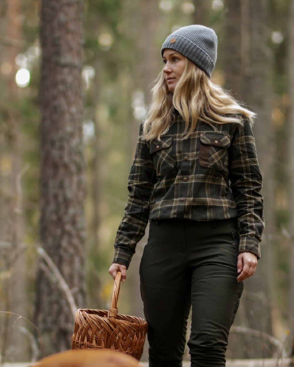 Dark Green Green Coloured Pinewood Womens Prestwick Exclusive Shirt on forest background #colour_dark-green-green