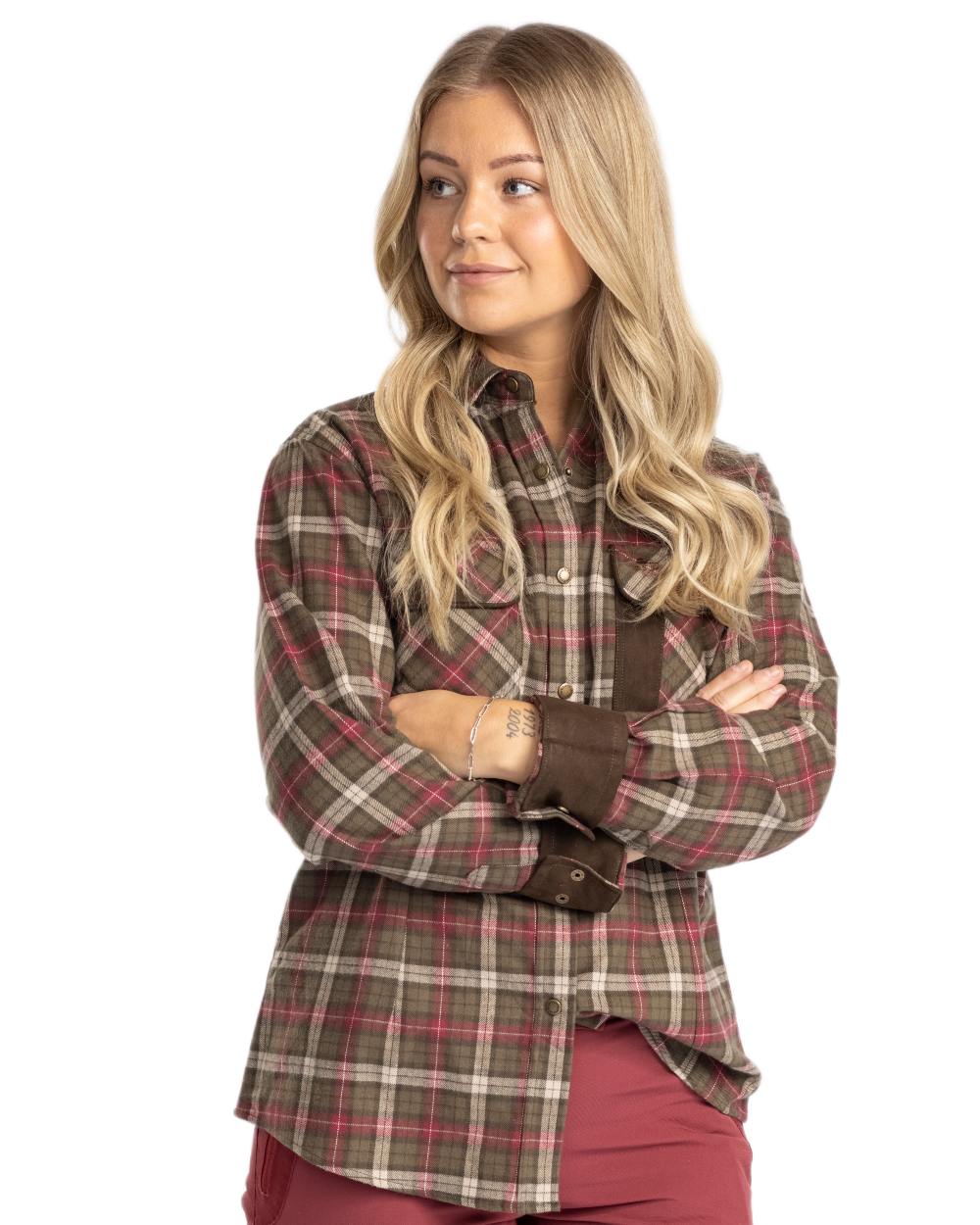 Hunter Olive Plum Coloured Pinewood Womens Prestwick Exclusive Shirt on white background #colour_hunter-olive-plum