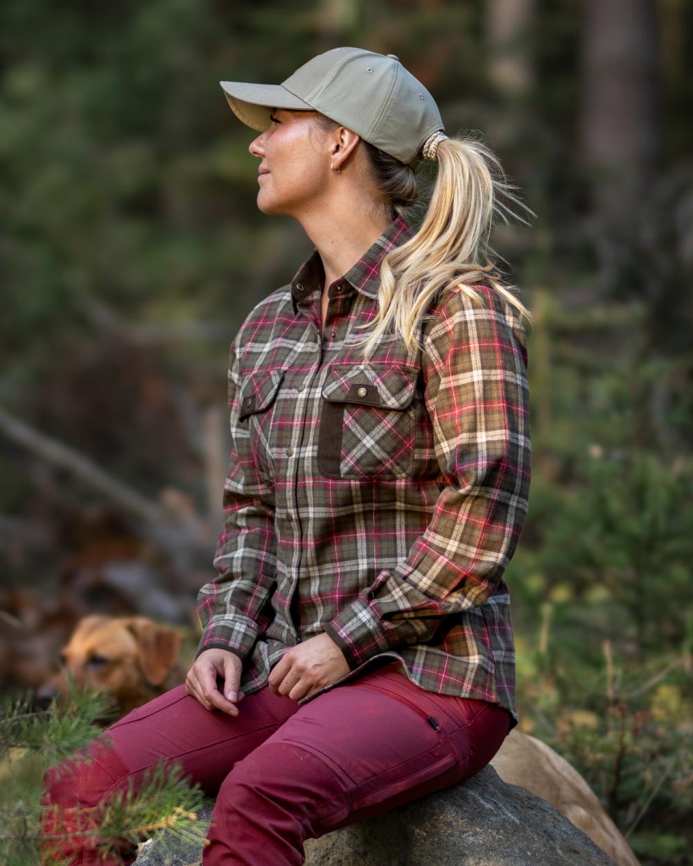 Hunter Olive Plum Coloured Pinewood Womens Prestwick Exclusive Shirt on forest background #colour_hunter-olive-plum
