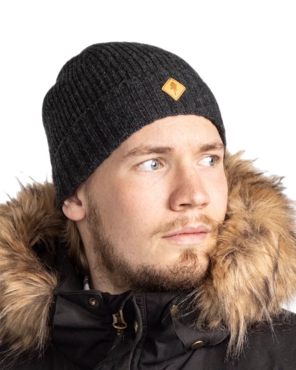 Dark Anthracite Mel Coloured Pinewood Wool Knitted Hat on white background #colour_dark-anthracite-mel