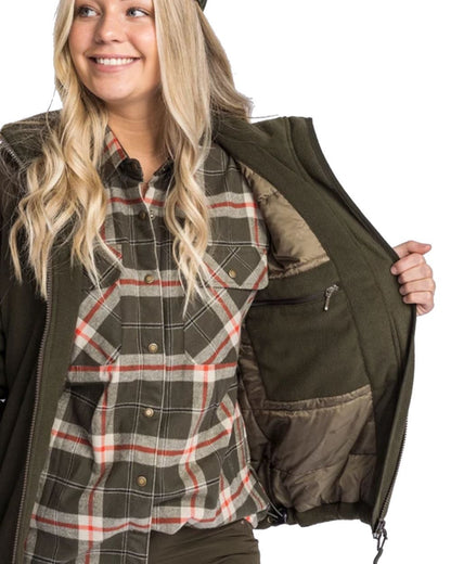 Dark Green Red coloured Pinewood Womens Douglas Shirt on white background #colour_dark-green-red