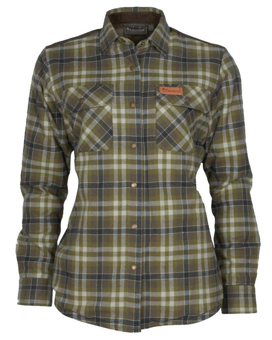 Hunting Olive Light Khaki coloured Pinewood Womens Douglas Shirt on white background #colour_hunting-olive-light-khaki