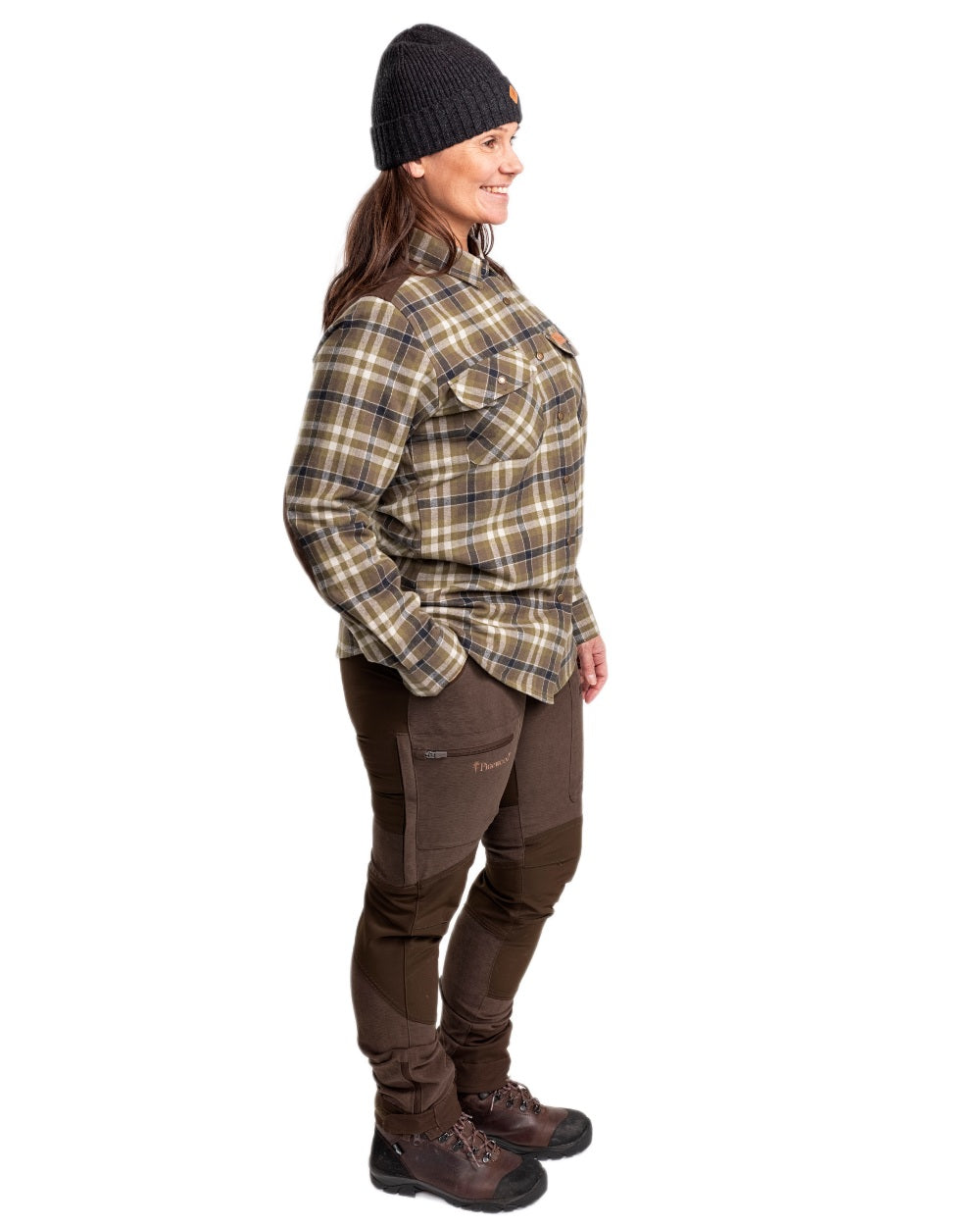 Hunting Olive Light Khaki coloured Pinewood Womens Douglas Shirt on white background #colour_hunting-olive-light-khaki