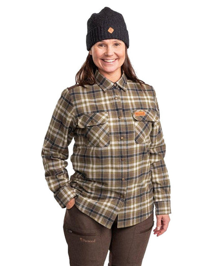Hunting Olive Light Khaki coloured Pinewood Womens Douglas Shirt on white background #colour_hunting-olive-light-khaki