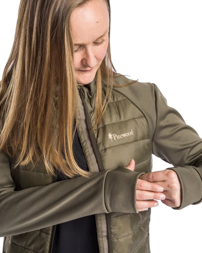 Pinewood Womens Finnveden Hybrid Power Fleece Jacket in Olive #colour_olive