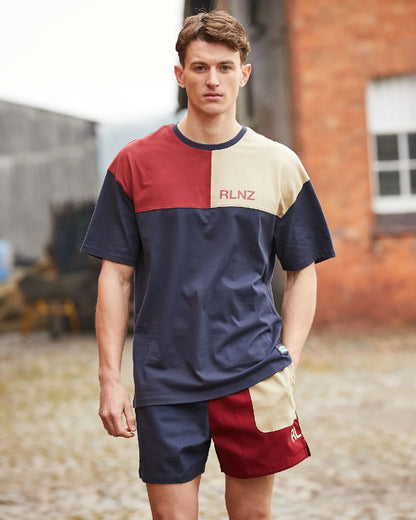 Navy Multi coloured Ridgeline Backslider Shorts on blurry background #colour_navy-multi