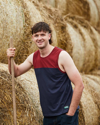 Navy Multi coloured Ridgeline Backslider Singlet Top on haystack background #colour_navy-multi