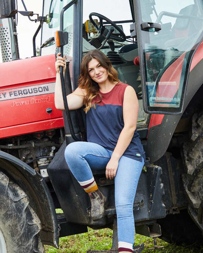 Navy Multi coloured Ridgeline Backslider Singlet Top on tractor background #colour_navy-multi