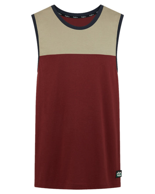 Rhubarb Multi coloured Ridgeline Backslider Singlet Top on white background #colour_rhubarb-multi