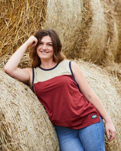 Rhubarb Multi coloured Ridgeline Backslider Singlet Top on haystack background #colour_rhubarb-multi