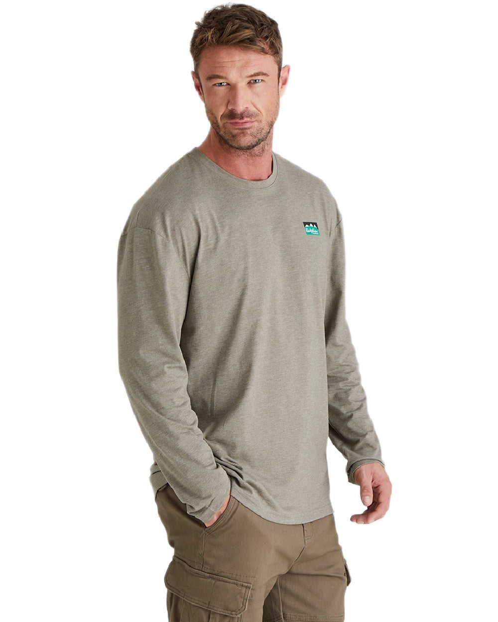 Smokey Olive Marl Coloured Ridgeline Baseline Top on white background #colour_smokey-olive-marl