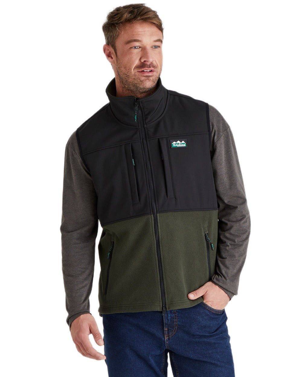 Deep Forest Black coloured Ridgeline Hybrid Fleece Gilet on white background #colour_deep-forest-black