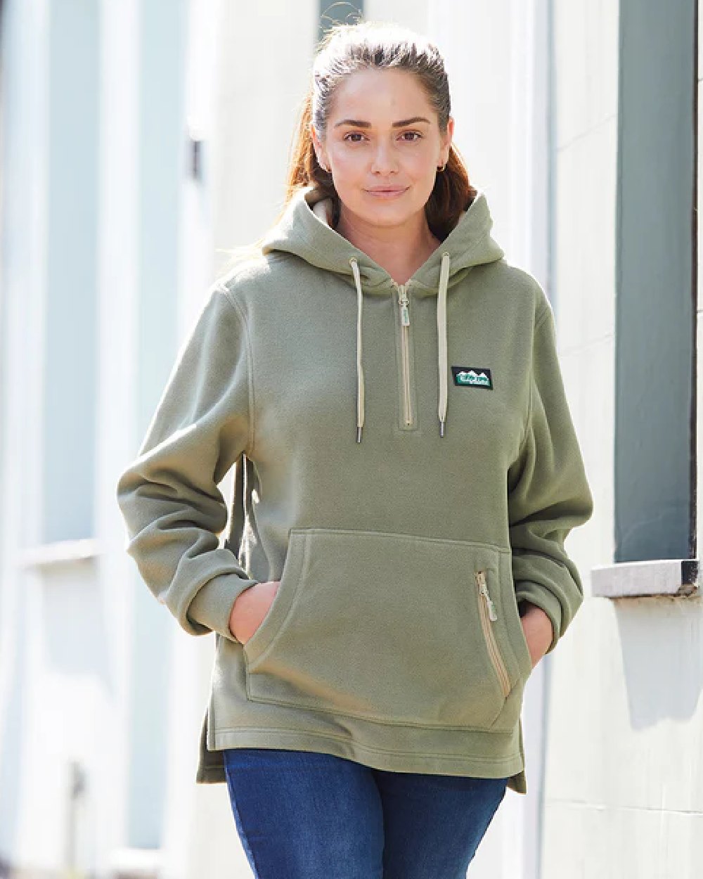 Khaki Green Coloured Ridgeline Ladies Ballistic Hoodie on outdoor background #colour_khaki-green