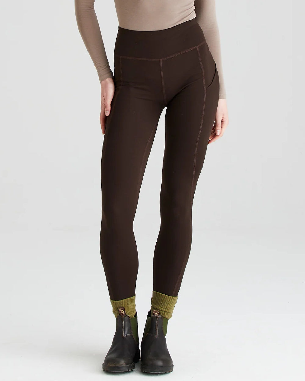 Deep Bark coloured Ridgeline Ladies Infinity Leggings on grey background #colour_deep-green