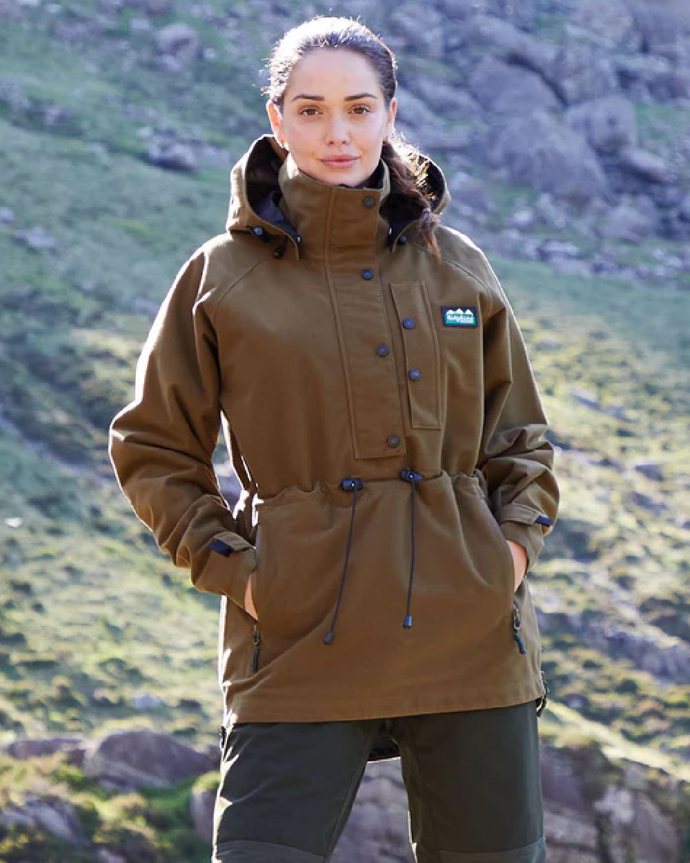 Teak Coloured Ridgeline Ladies Monsoon Waterproof Smock on outdoor background #colour_teak