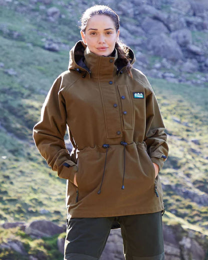 Teak Coloured Ridgeline Ladies Monsoon Waterproof Smock on outdoor background #colour_teak