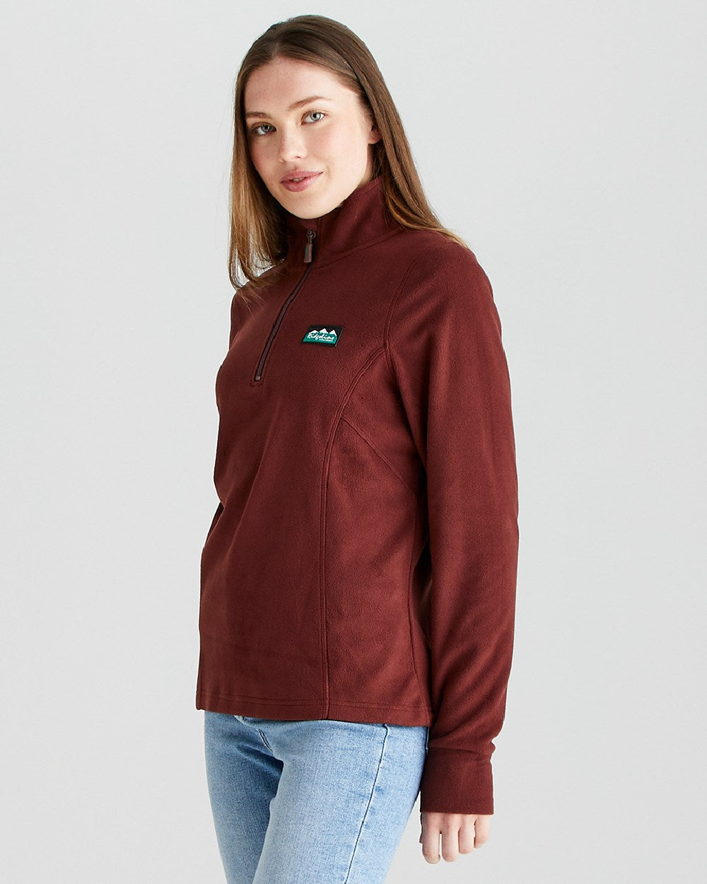 Oxblood coloured Ridgeline Ladies Narvik Fleece on grey background #colour_oxblood