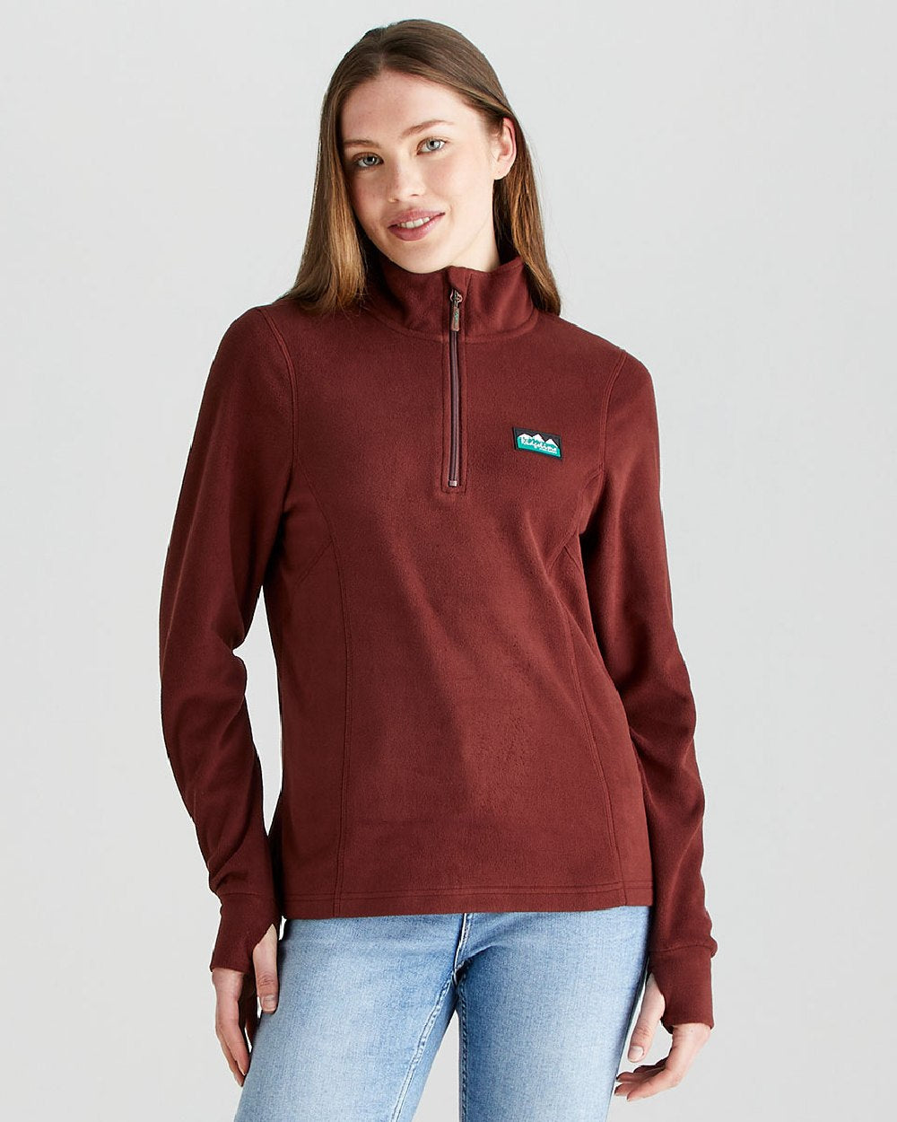 Oxblood coloured Ridgeline Ladies Narvik Fleece on grey background #colour_oxblood
