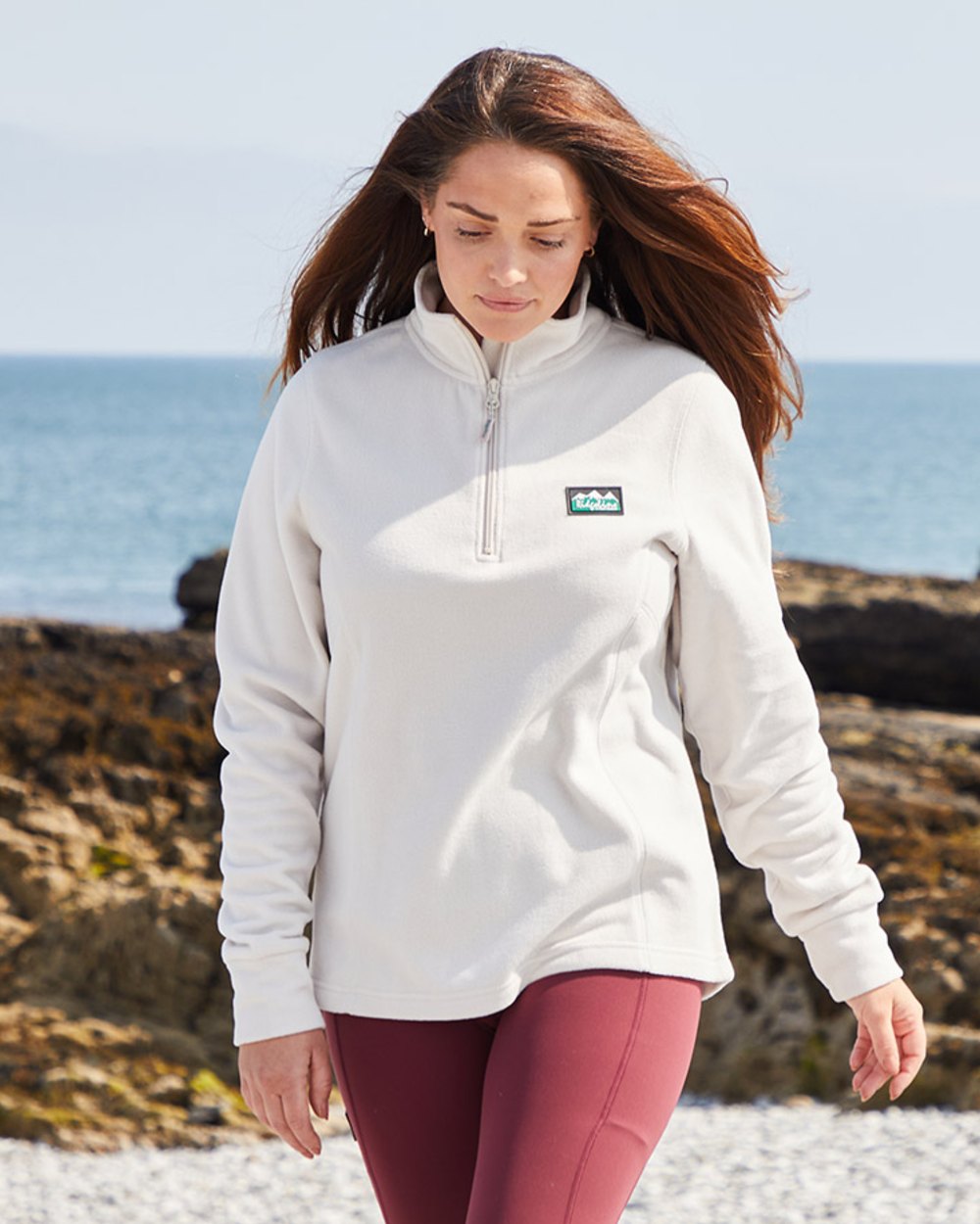 Stone coloured Ridgeline Ladies Narvik Fleece on sea background #colour_stone