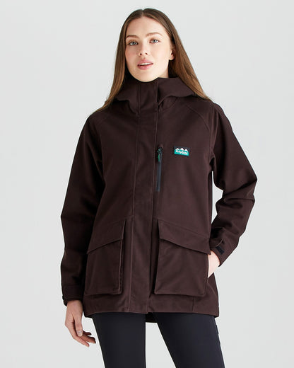 Deep Bark coloured Ridgeline Ladies Rhea Jacket on grey background #colour_deep-bark