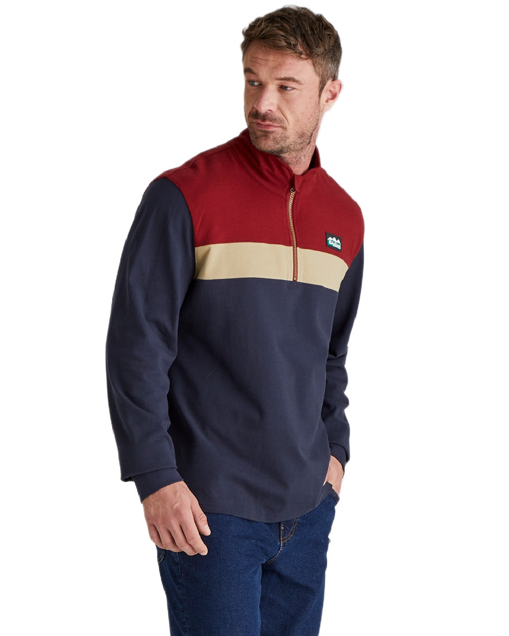 Navy Multi coloured Ridgeline Mens Backslider Rugby Top on white background #colour_navy-multi