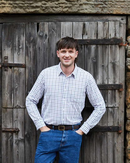 Navy coloured Ridgeline Mens Sedgebrook Shirt on door background #colour_navy