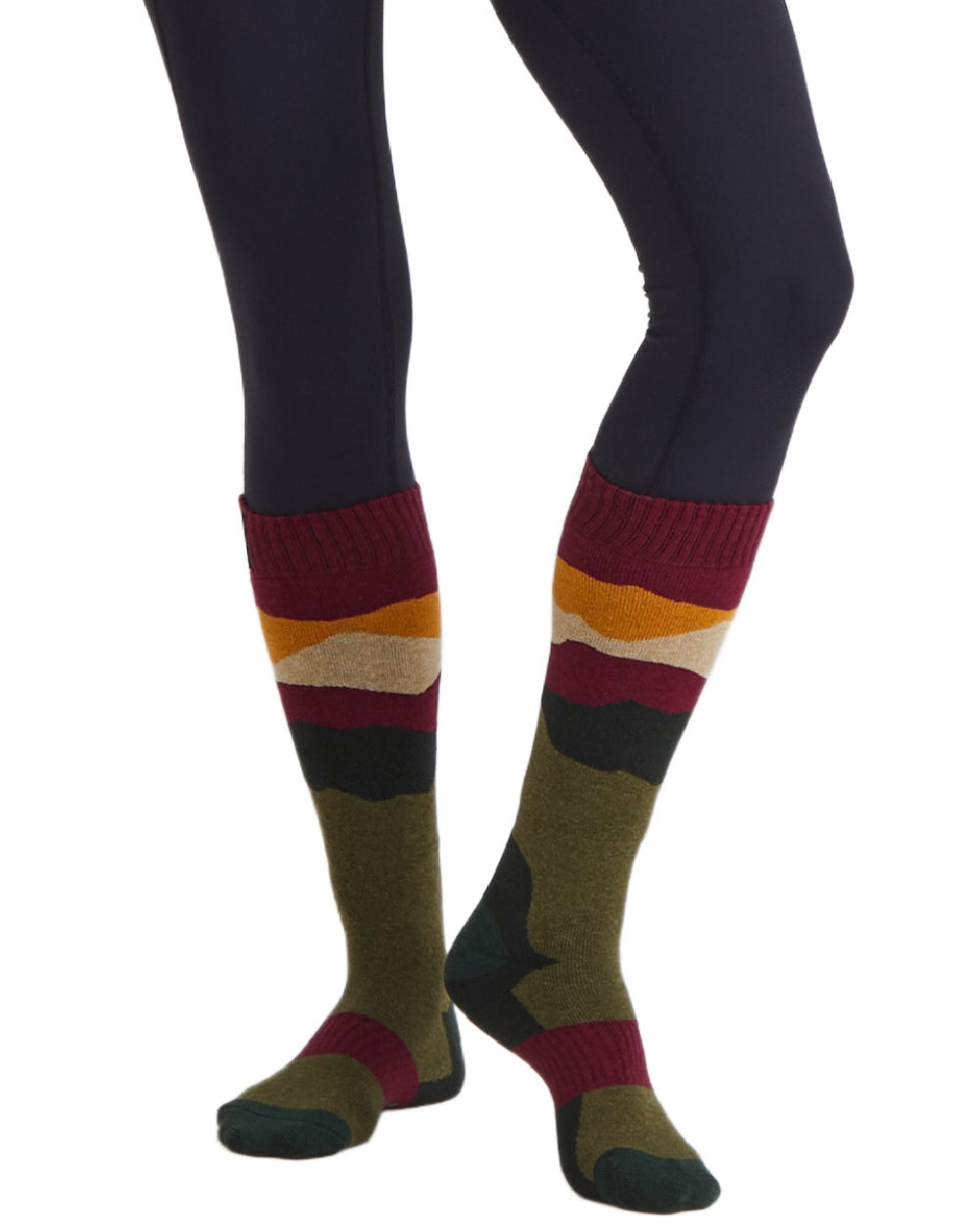 Berry Stripes Coloured Ridgeline Merino Wool Full Length Socks on white background #colour_berry-stripes