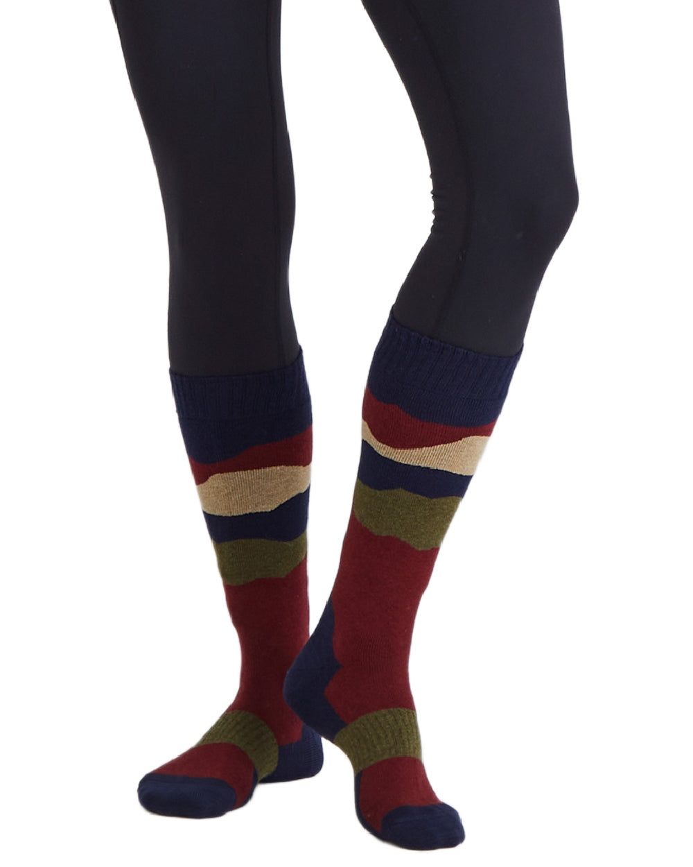 Navy Stripes Coloured Ridgeline Merino Wool Full Length Socks on white background #colour_navy-stripes