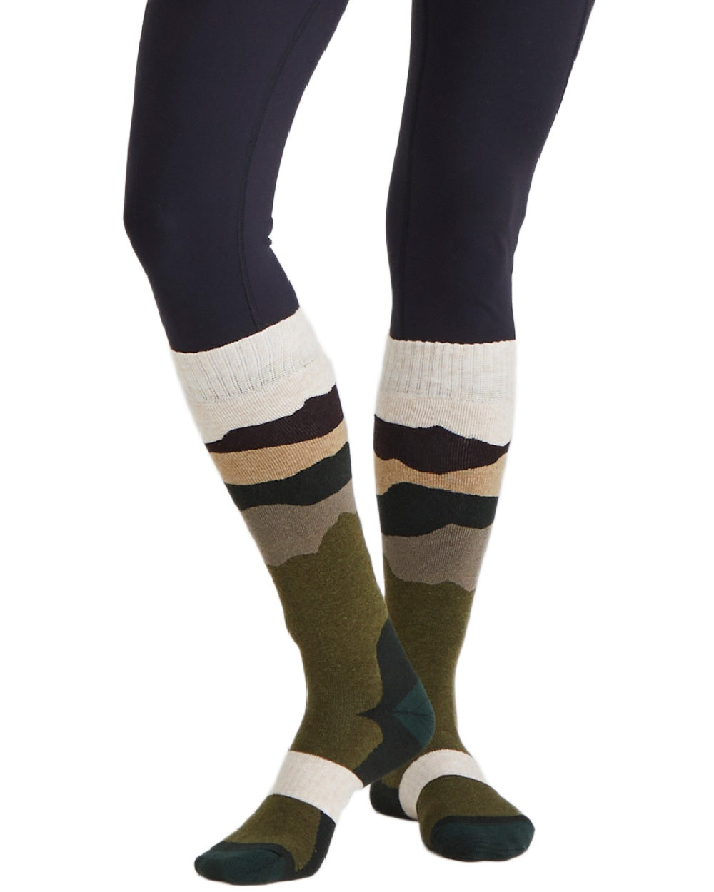 Olive Stripes Coloured Ridgeline Merino Wool Full Length Socks on white background #colour_olive-stripes
