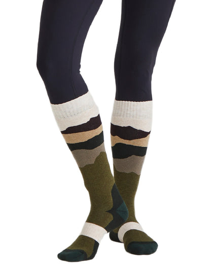 Olive Stripes Coloured Ridgeline Merino Wool Full Length Socks on white background #colour_olive-stripes