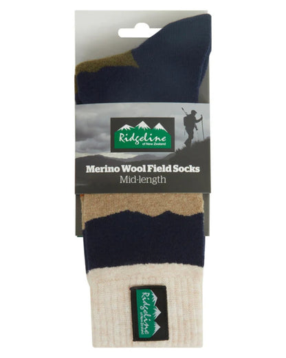 Navy Stripes coloured Ridgeline Merino Wool Mid Length Socks on white background #colour_navy-stripes