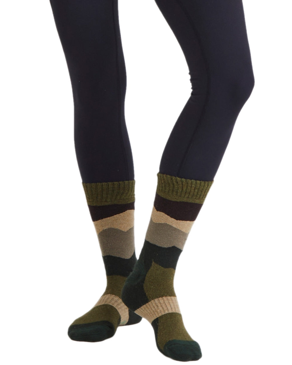 Olive Stripes Coloured Ridgeline Merino Wool Mid Length Socks on white background #colour_olive-stripes