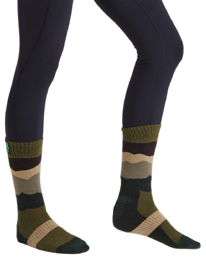 Olive Stripes Coloured Ridgeline Merino Wool Mid Length Socks on white background #colour_olive-stripes
