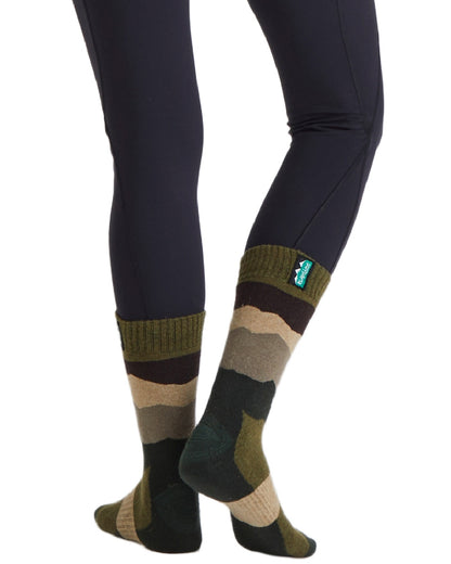 Olive Stripes Coloured Ridgeline Merino Wool Mid Length Socks on white background #colour_olive-stripes