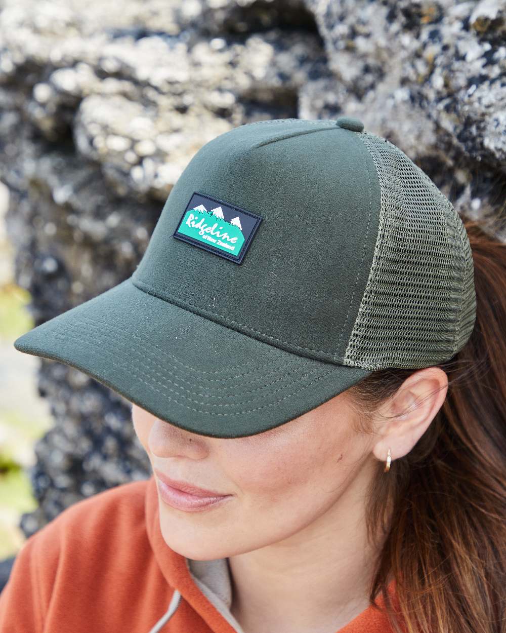 Deep Forest Coloured Ridgeline Monsoon Trucker Cap on outdoor background  #colour_deep-forest