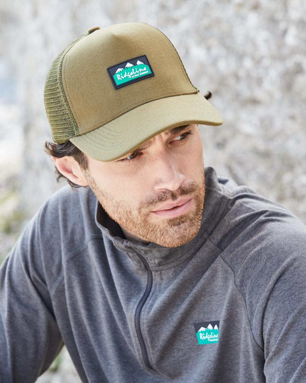 Teak Coloured Ridgeline Monsoon Trucker Cap on outdoor background  #colour_teak