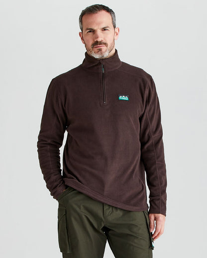 Deep Bark coloured Ridgeline Narvik Fleece on grey background #colour_deep-bark