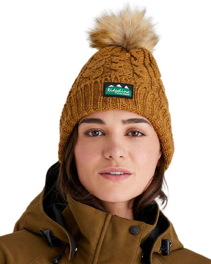 Ochre Coloured Ridgeline Nordic Fleck Bobble Hat on white background #colour_ochre