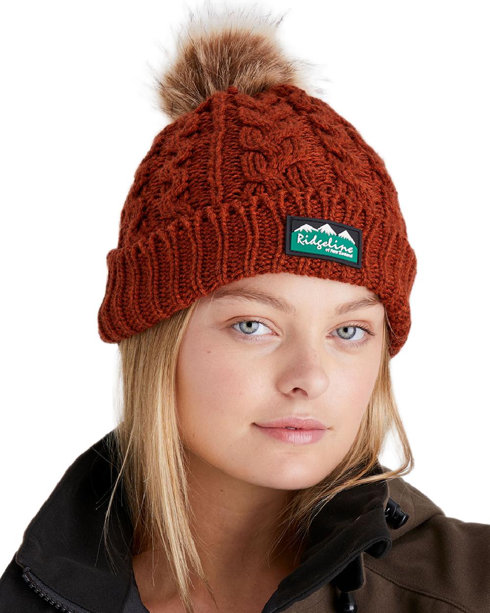 Russet Coloured Ridgeline Nordic Fleck Bobble Hat on white background #colour_russet