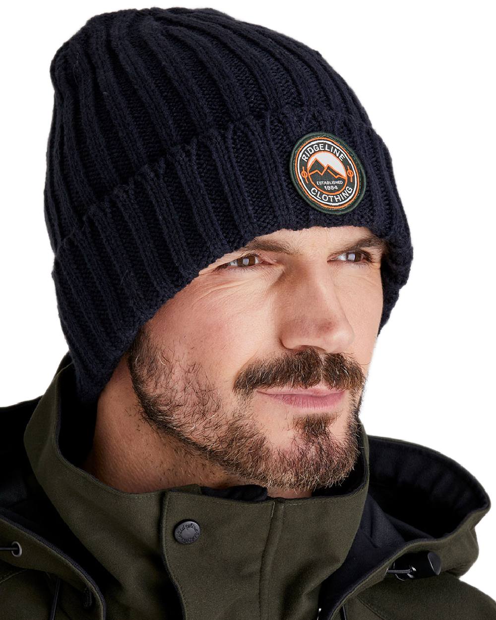 Navy Coloured Ridgeline Original Knitted Beanie on white background #colour_navy