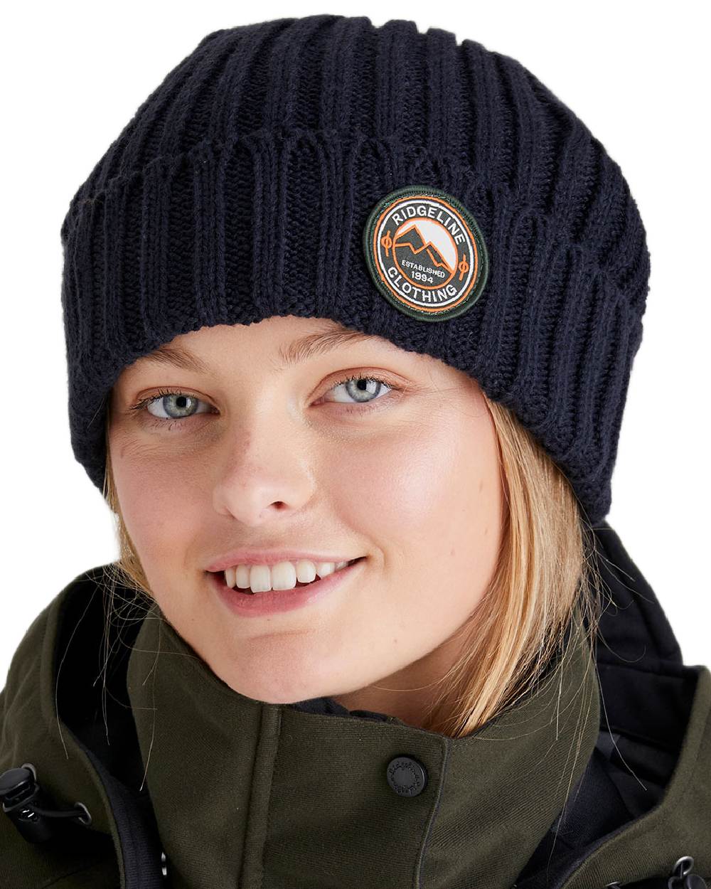 Navy Coloured Ridgeline Original Knitted Beanie on white background #colour_navy