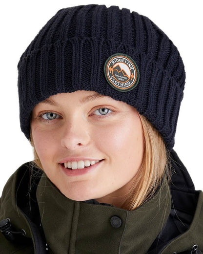 Navy Coloured Ridgeline Original Knitted Beanie on white background #colour_navy