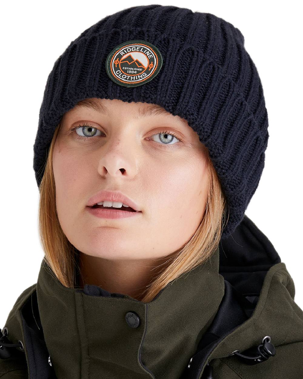 Navy Coloured Ridgeline Original Knitted Beanie on white background #colour_navy