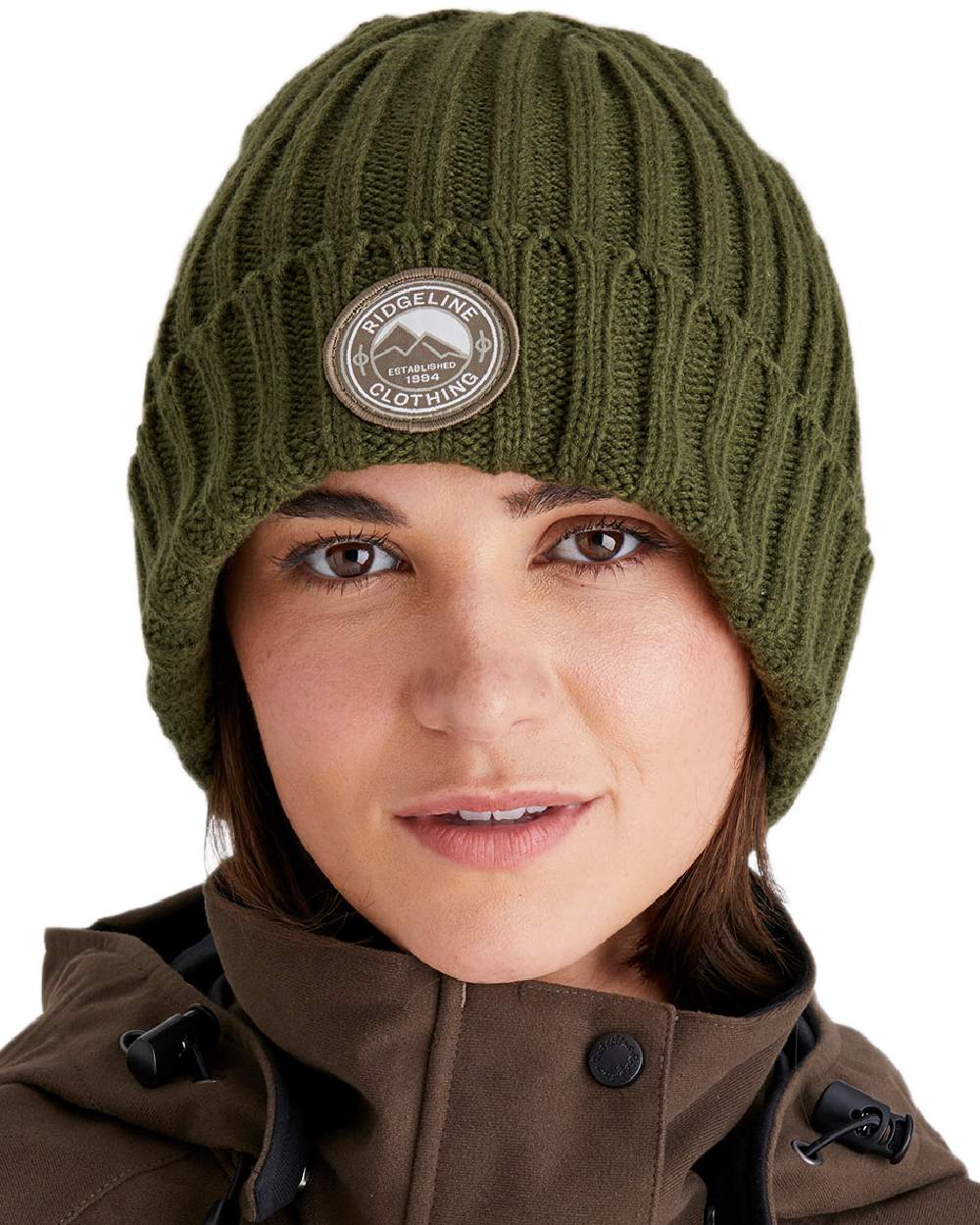 Olive Coloured Ridgeline Original Knitted Beanie on white background #colour_olive