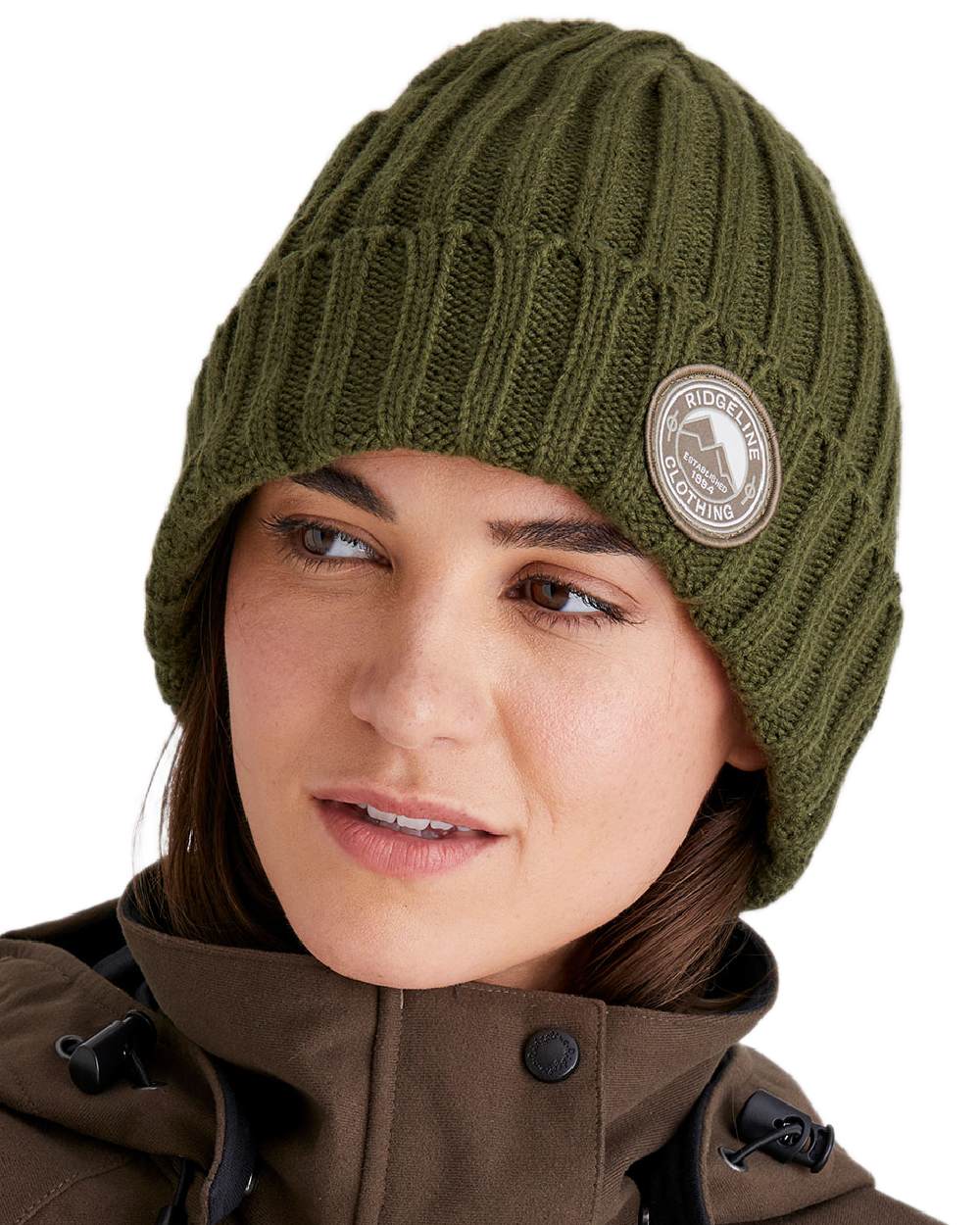 Olive Coloured Ridgeline Original Knitted Beanie on white background #colour_olive