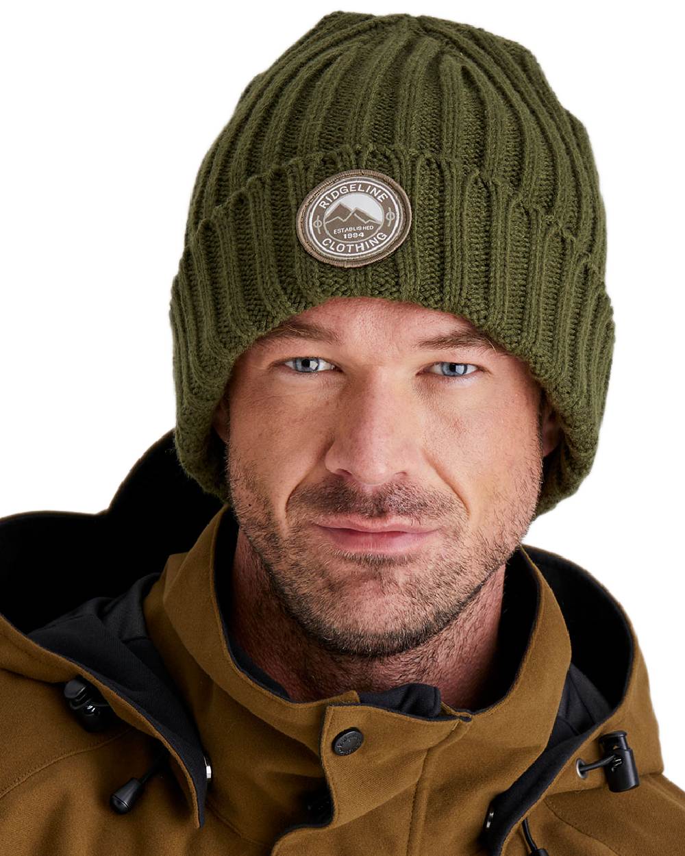Olive Coloured Ridgeline Original Knitted Beanie on white background #colour_olive