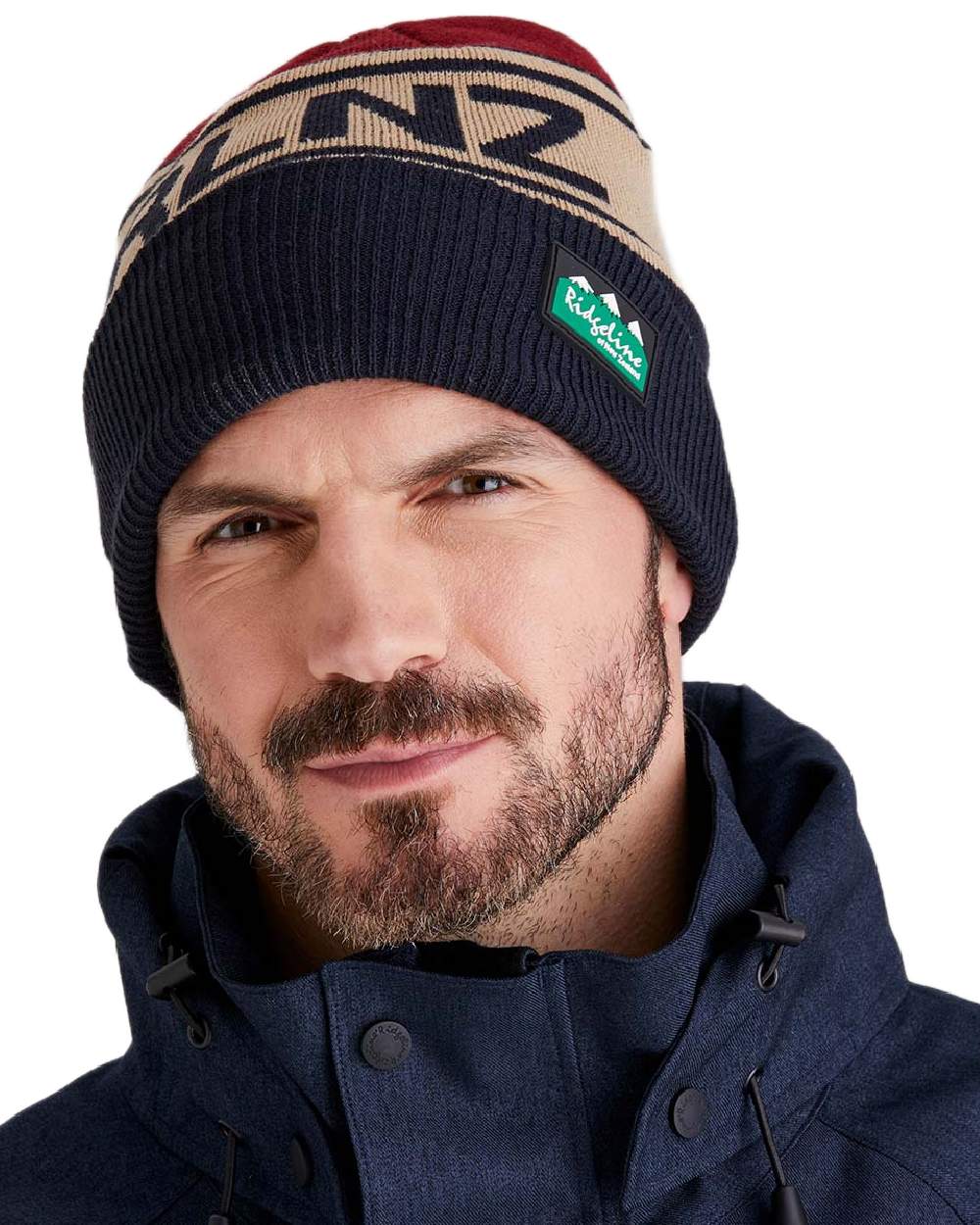 Navy Multi Coloured Ridgeline RLNZ Knitted Beanie on white background #colour_navy-multi